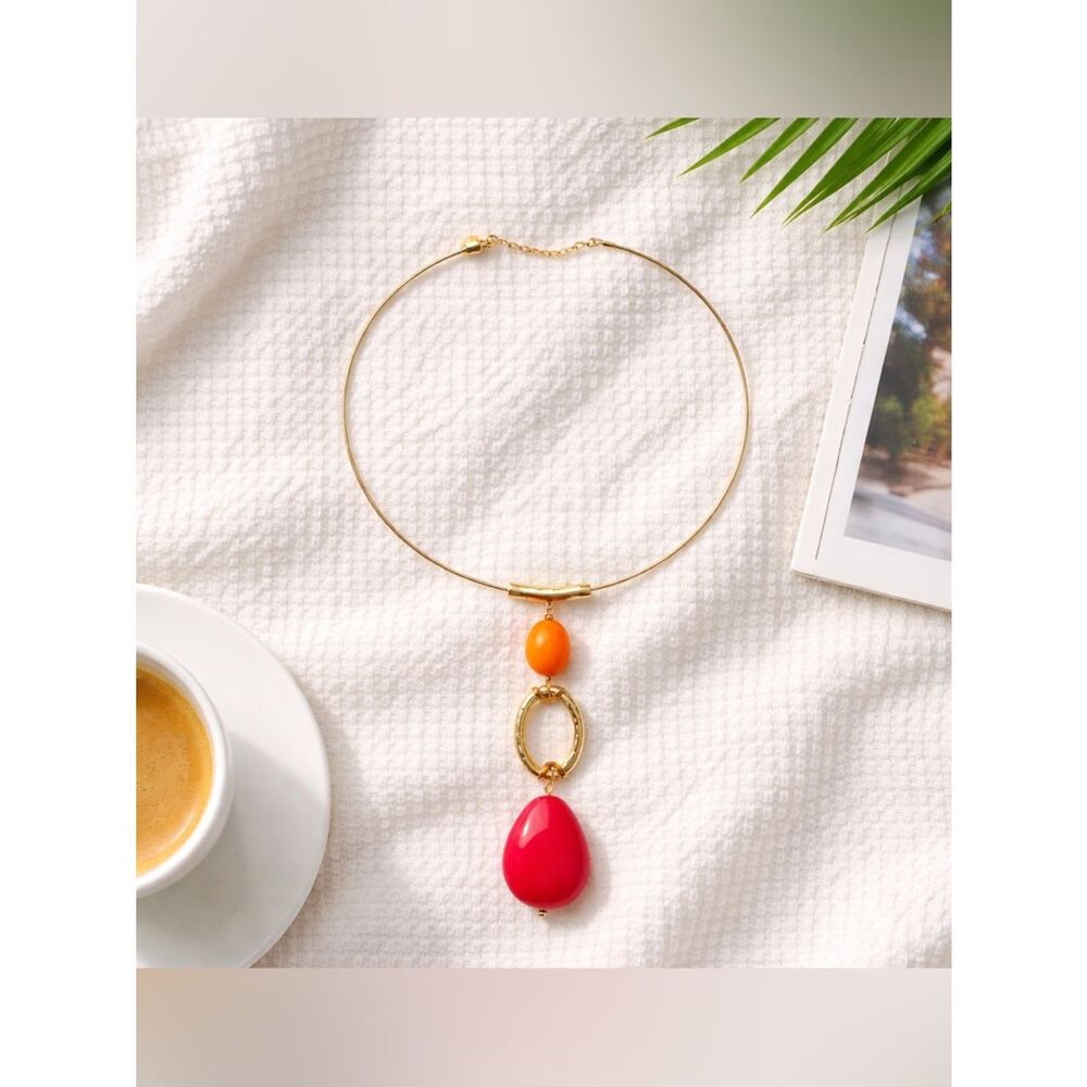 🛍️ Gold red orange teardrop Stone dangle adjustable choker bib necklace